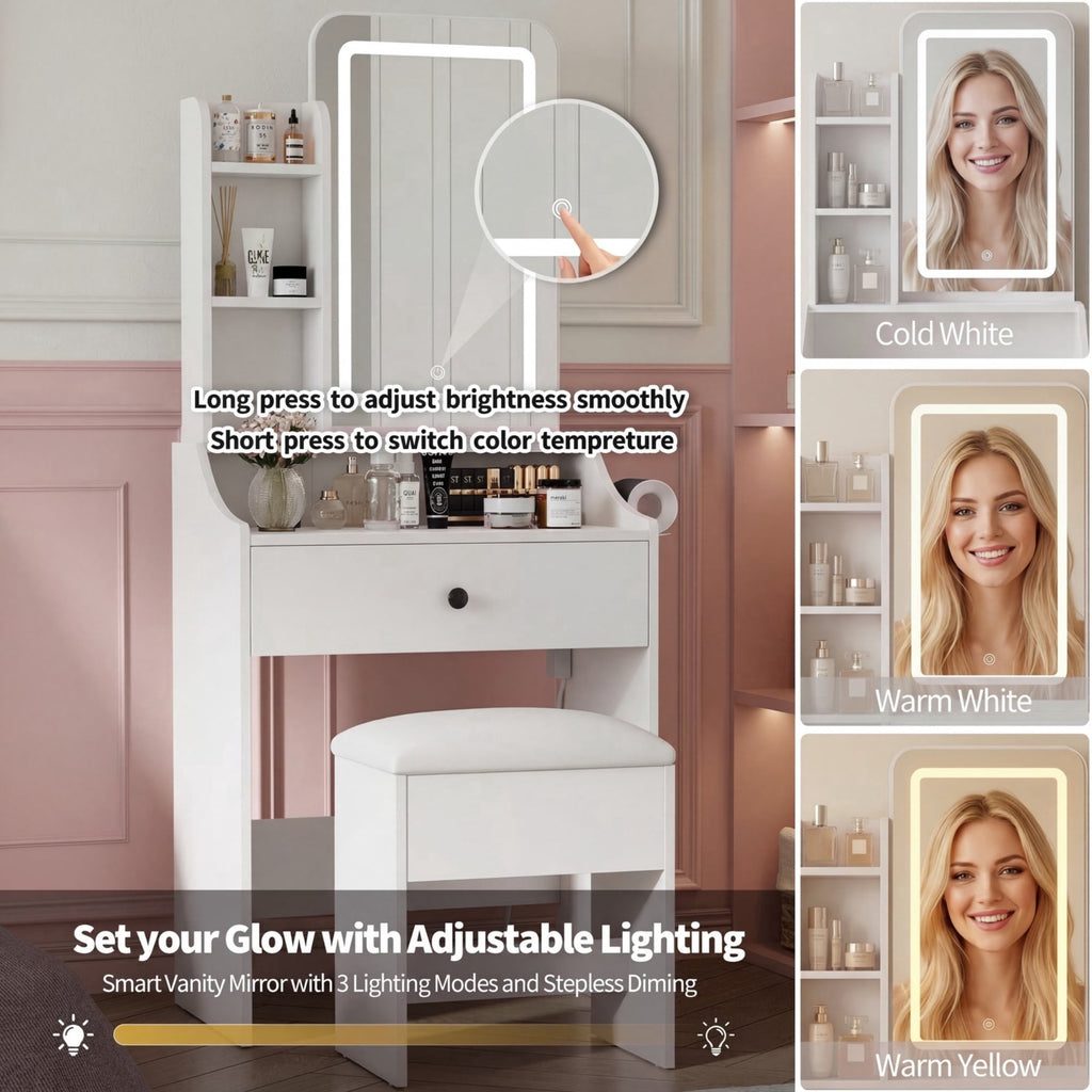 JIOABL 24" Vanity Desk with Mirror, LED Makeup Vanity with 3 Light Modes & Power Outlet, Storage Drawers & Stool, Dressing Table for Bedroom