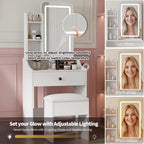 JIOABL 24" Vanity Desk with Mirror, LED Makeup Vanity with 3 Light Modes & Power Outlet, Storage Drawers & Stool, Dressing Table for Bedroom