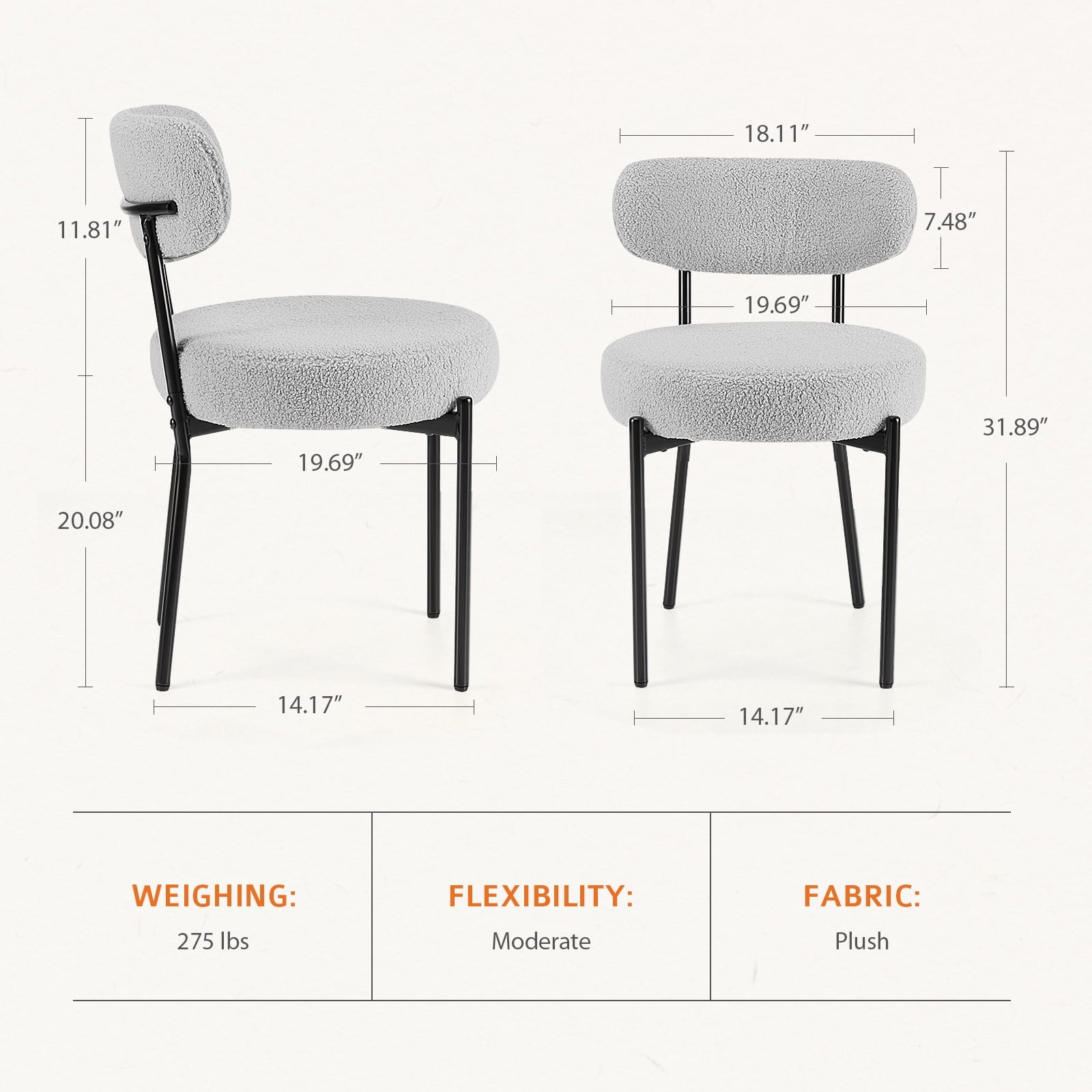 JIOABL Dining Chairs, Boucle Upholstered Kitchen Chairs with Curved Backrest & Metal Legs, Mid Century Modern Round Dining Room Chairs for Vanity, Living Room