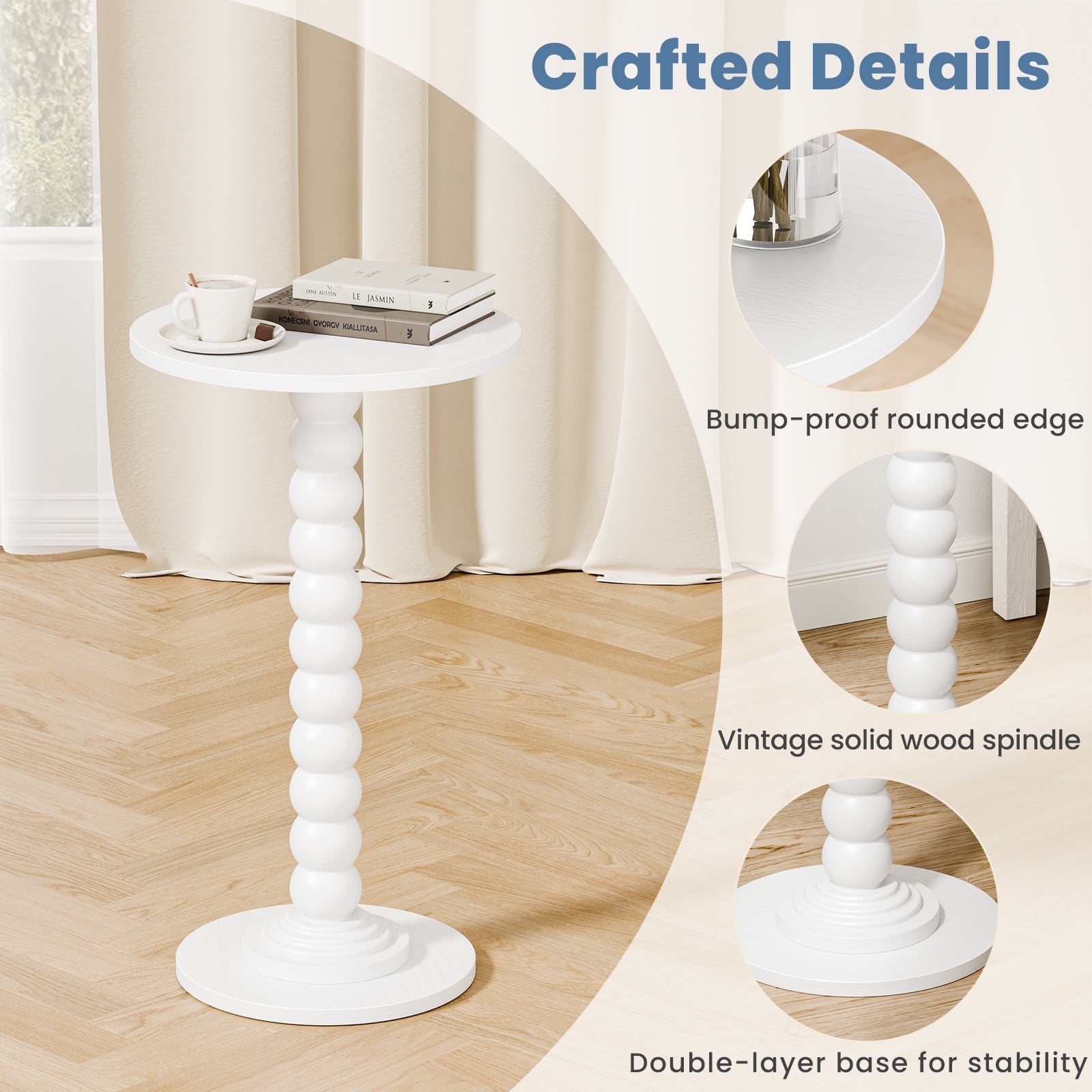 JIOABL Round Side Table, Small End Table with Waterproof MDF & Solid Wood Leg, Compact Space-Saving Accent Table for Living Room, Bedroom or Corners