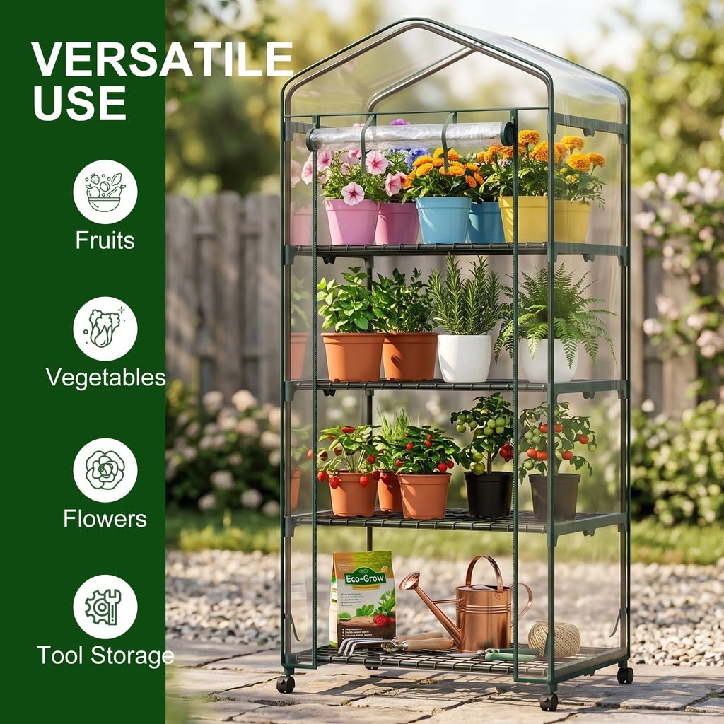 JIOABL 4-Tier Mini Greenhouse with Clear PVC Cover & Wheels, Portable Plant Grow House with Zipper Door, Steel Frame for Indoor & Outdoor Garden, Clear