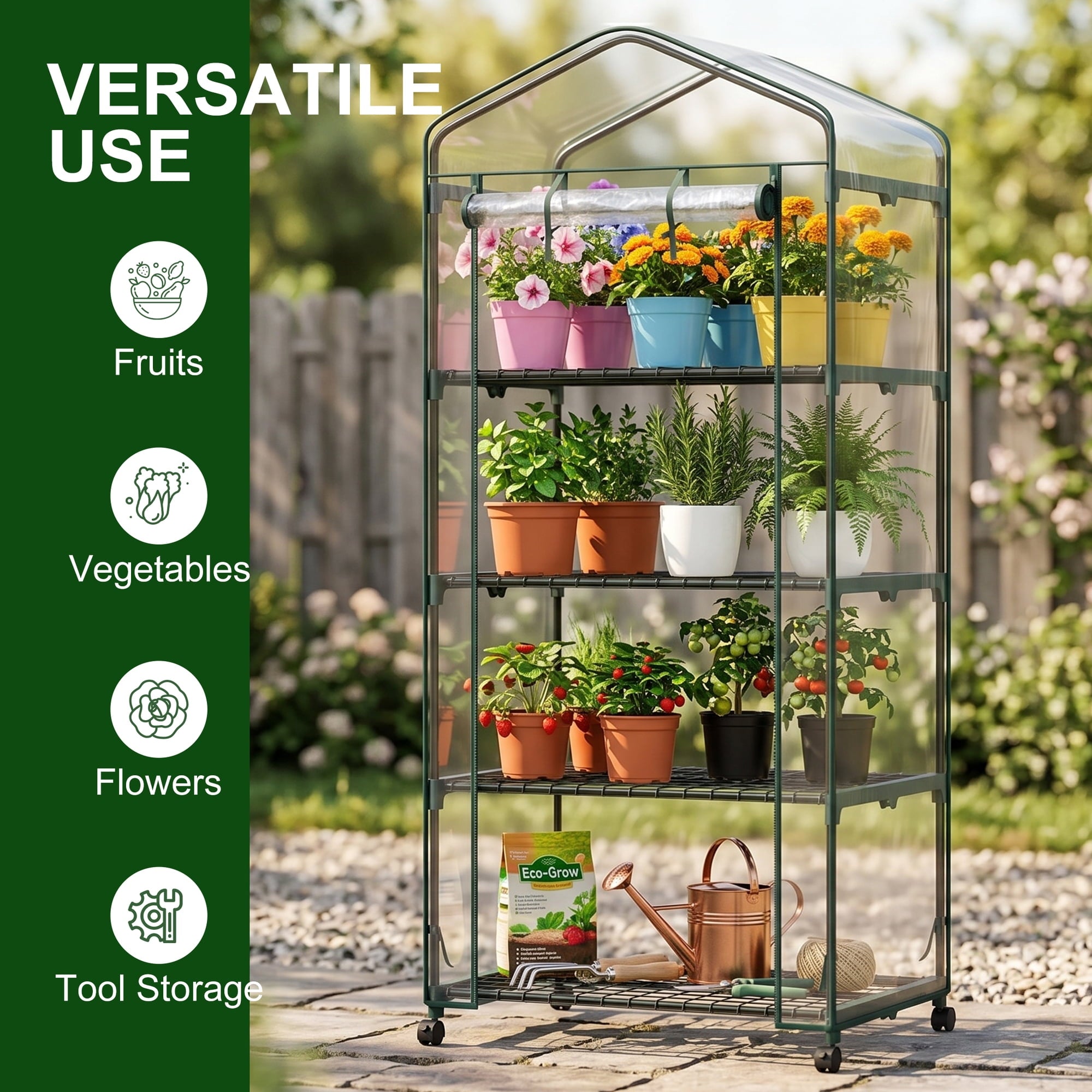 JIOABL 4-Tier Mini Greenhouse with Clear PVC Cover & Wheels, Portable Plant Grow House with Zipper Door, Steel Frame for Indoor & Outdoor Garden, Clear