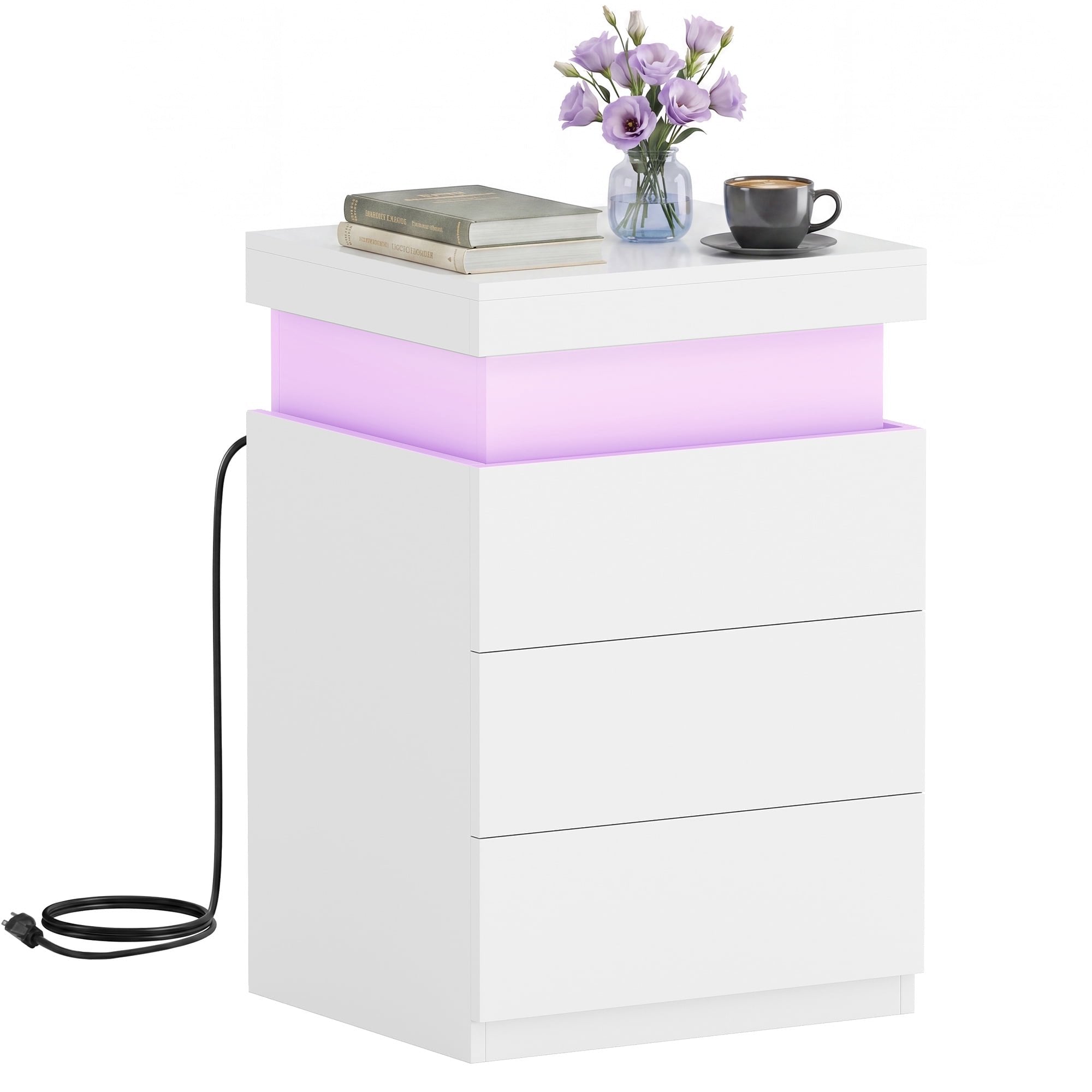 JIOABL Nightstand with Charging Station and RGB LED Light, 3 Drawers, Sliding Top, Bedside Table for Bedroom, Living Room and Dorm