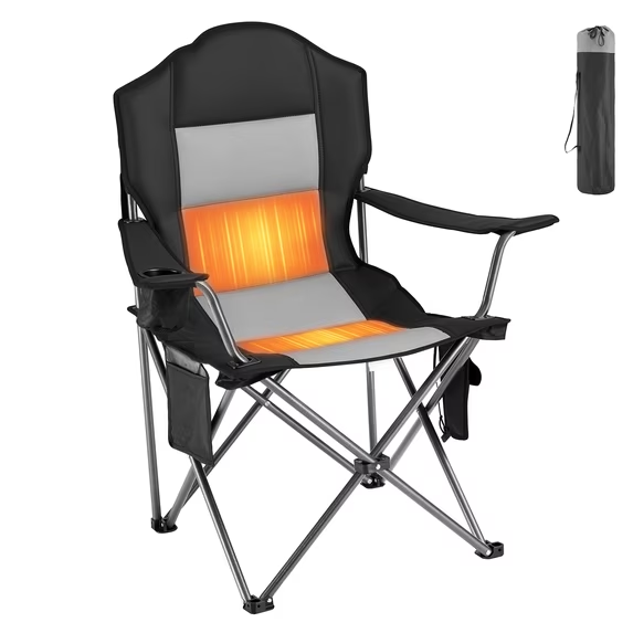 JIOABL USB Heated Camping Chair, High Back Padded Folding Chair with 3 Heat Settings, Cup Holder, 400 lbs, Black Gray