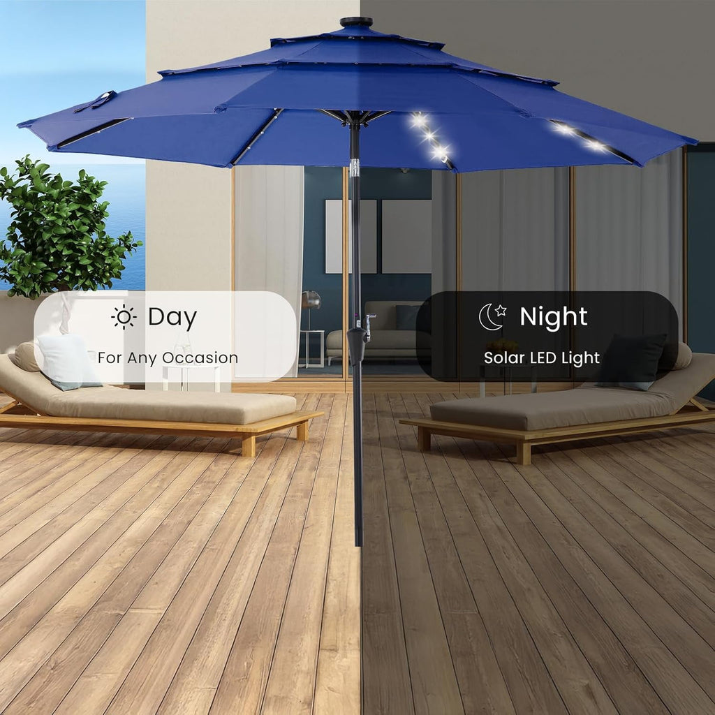 JIOABL 10FT Solar LED Patio Umbrella with Tilt & Vent, 32 LED Lights, 8 Ribs, UV-Resistant & Water-Resistant for Garden, Deck, Patio