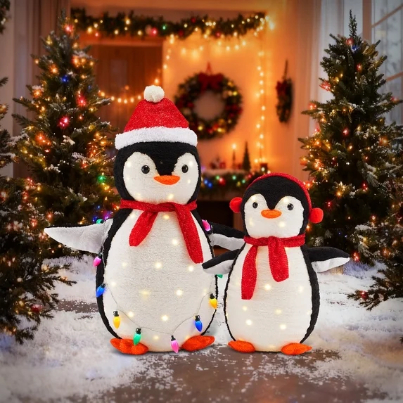 JIOABL 2-Piece Lighted Penguin Family, 4 in Tall Pop-Up Outdoor Christmas Decoration with 150 Multicolored LED Lights, Red