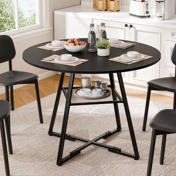 JIOABL 42 Inch Round Dining Table for 4-6, Farmhouse Table with Dual-Tier Storage Shelf, Metal Pedestal Base for Kitchen Dining Room Apartment, Black