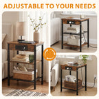 JIOABL 3-Tier Side Table with USB & AC Charging Station, Adjustable Shelves, Multi-Use for Living Room & Bedroom