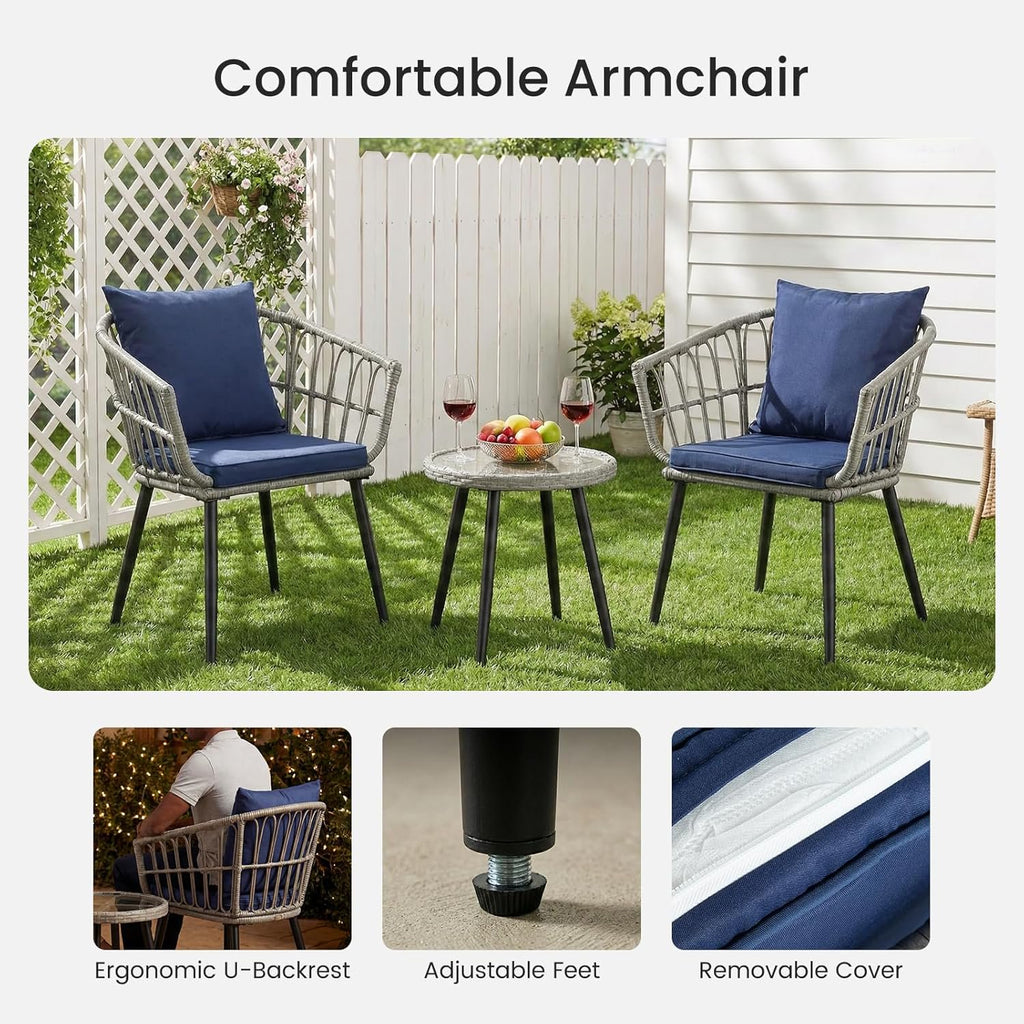 JIOABL Outdoor Bistro Set, Wicker Chairs & Glass Top Table for Patio, Balcony, Porch, Backyard