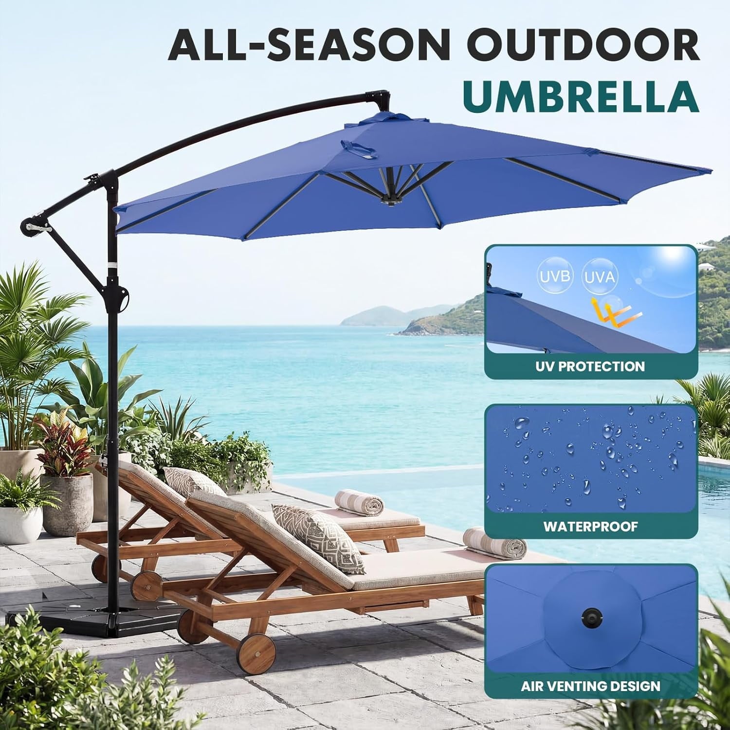 JIOABL 10FT Offset Patio Umbrella with Base, Cantilever Outdoor Umbrella with Crank, 8 Ribs, UV-Resistant & Vented Canopy for Patio, Pool, Garden
