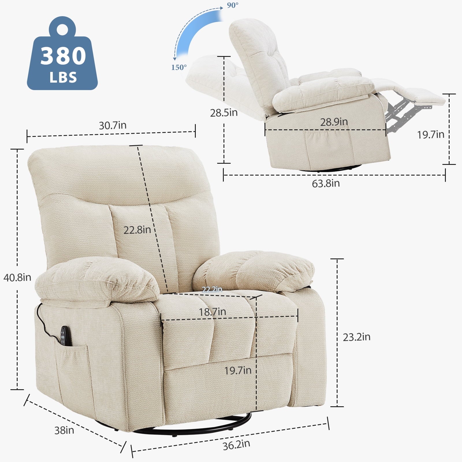 JIOABL Swivel Rocker Recliner Chair with Massage and Heat, Adjustable Recline, Chenille Fabric