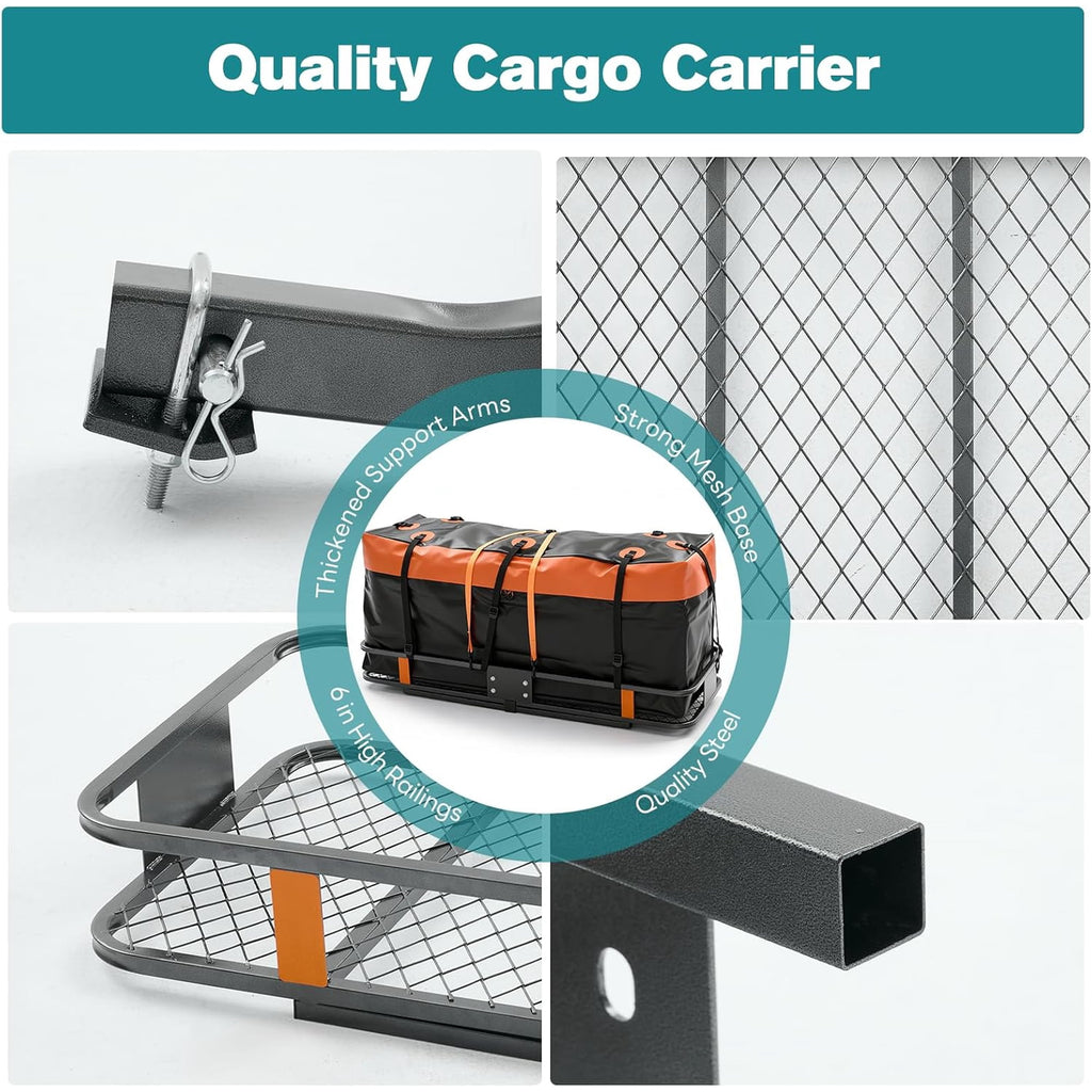 JIOABL Folding Hitch Cargo Carrier Basket for SUVs, Trucks & Vans, 500 lb Capacity with Waterproof Bag, Net, Ratchet Straps, Lock & Stabilizer