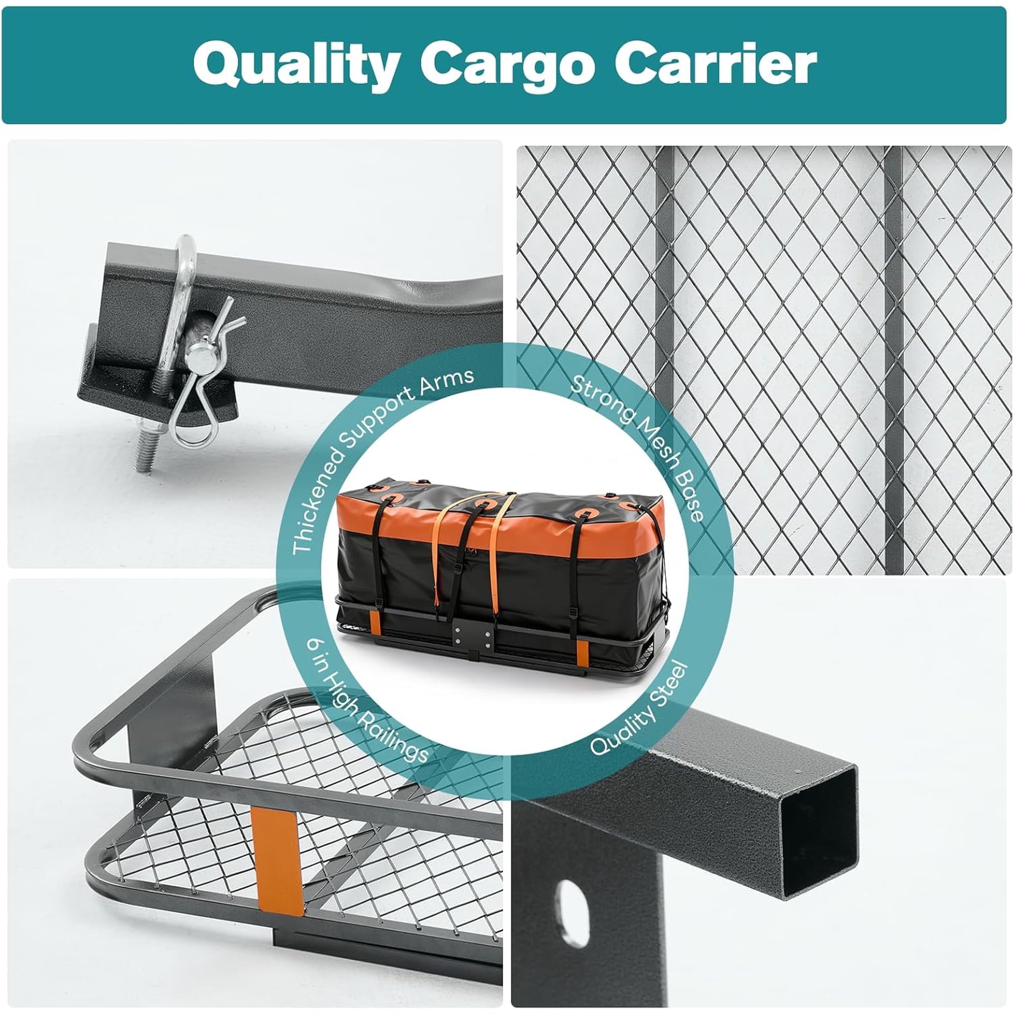JIOABL Folding Hitch Cargo Carrier Basket for SUVs, Trucks & Vans, 500 lb Capacity with Waterproof Bag, Net, Ratchet Straps, Lock & Stabilizer