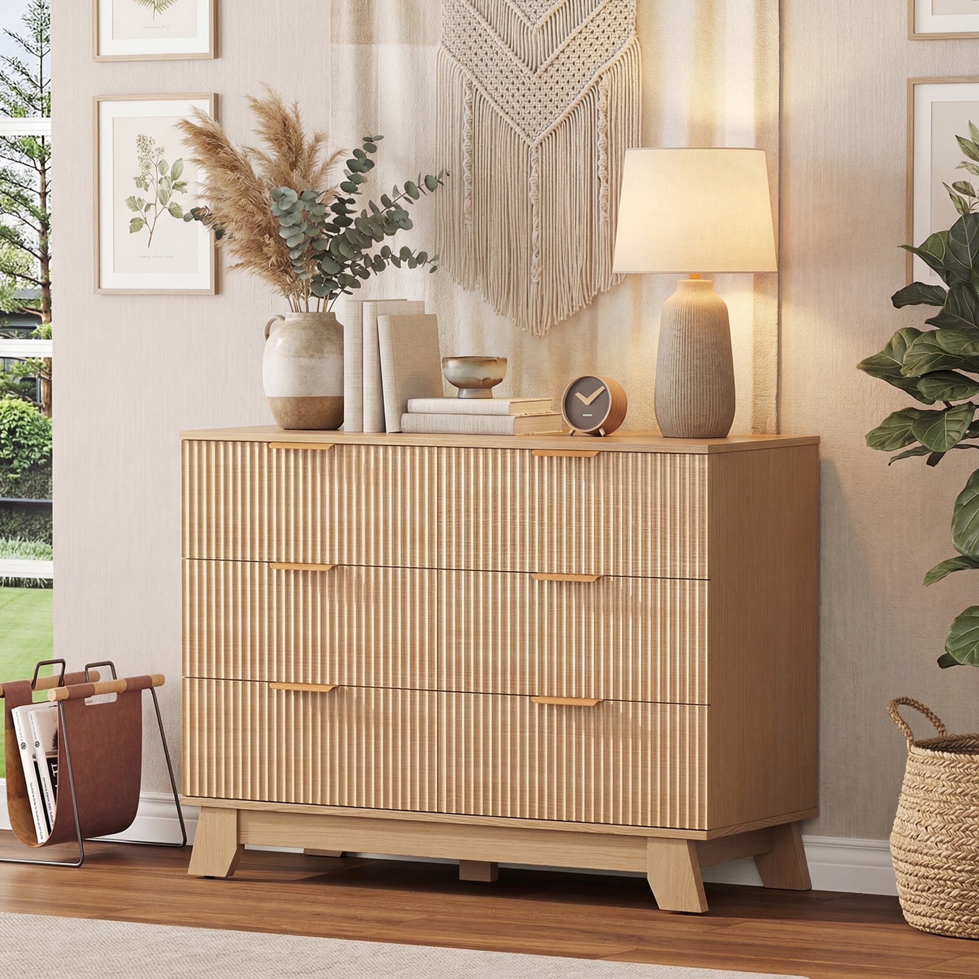 JIOABL Wood Dresser with Fluted Panel Design, Modern Storage Cabinet for Bedroom, Living Room, Hallway, Natural Oak