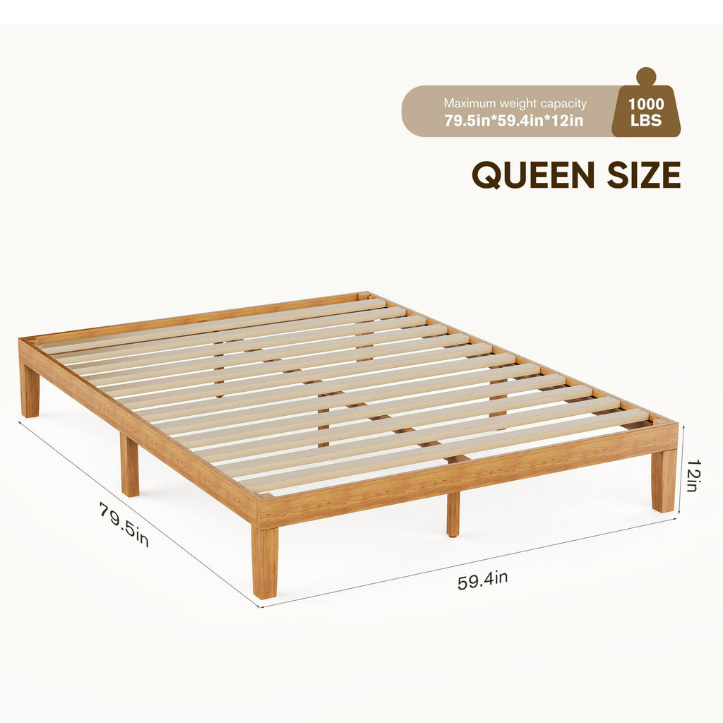JIOABL Wood Bed Frame, 12in Wooden Platform Bed Frame with Support Slats, No Spring Needed, Storage Space Under Base, Natural Pine