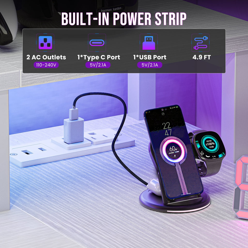 JIOABL L Shaped Computer Gaming Desk with USB Charging Ports & LED Lights, Reversible Corner Table with Power Outlets Monitor Stand for Home Office