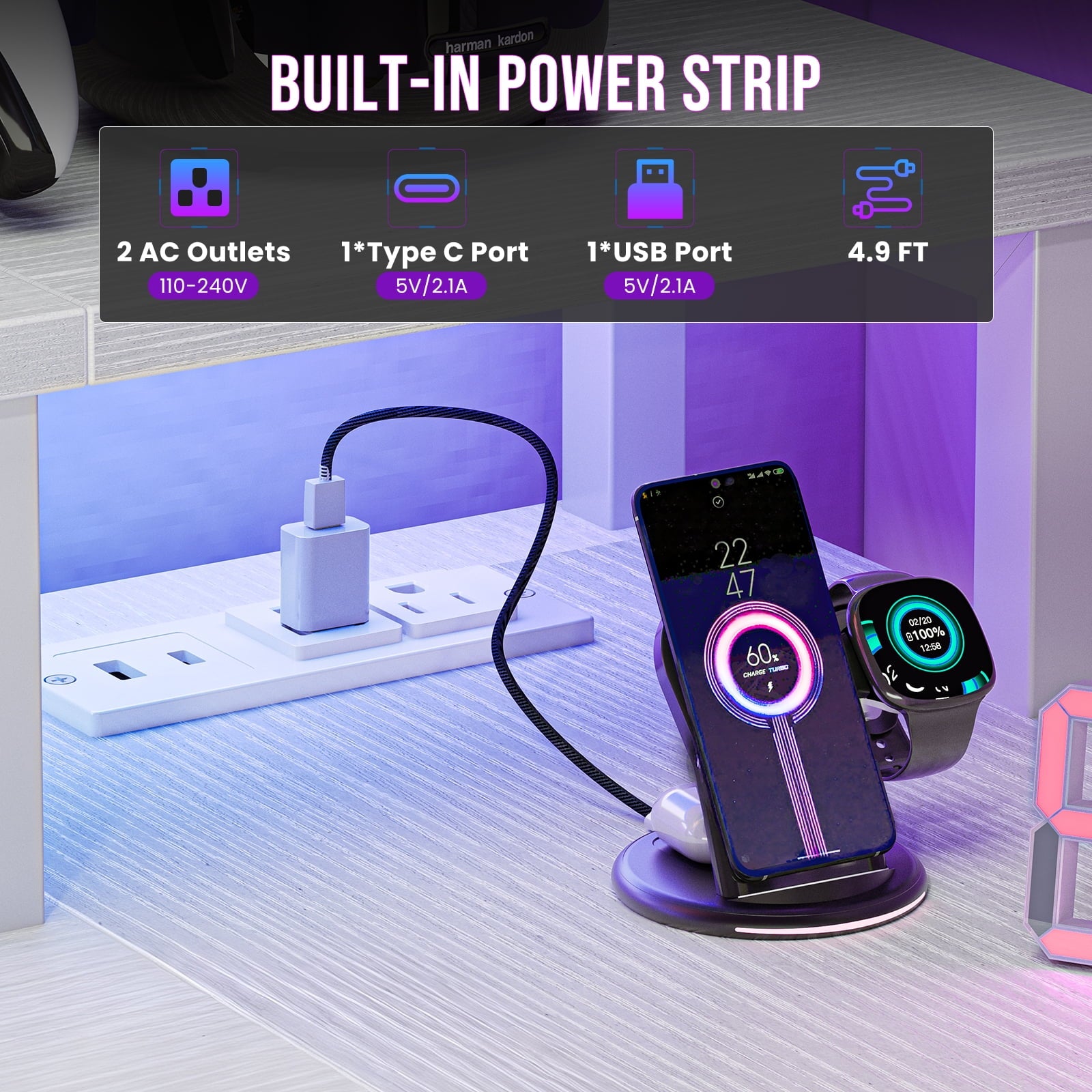 JIOABL L Shaped Computer Gaming Desk with USB Charging Ports & LED Lights, Reversible Corner Table with Power Outlets Monitor Stand for Home Office