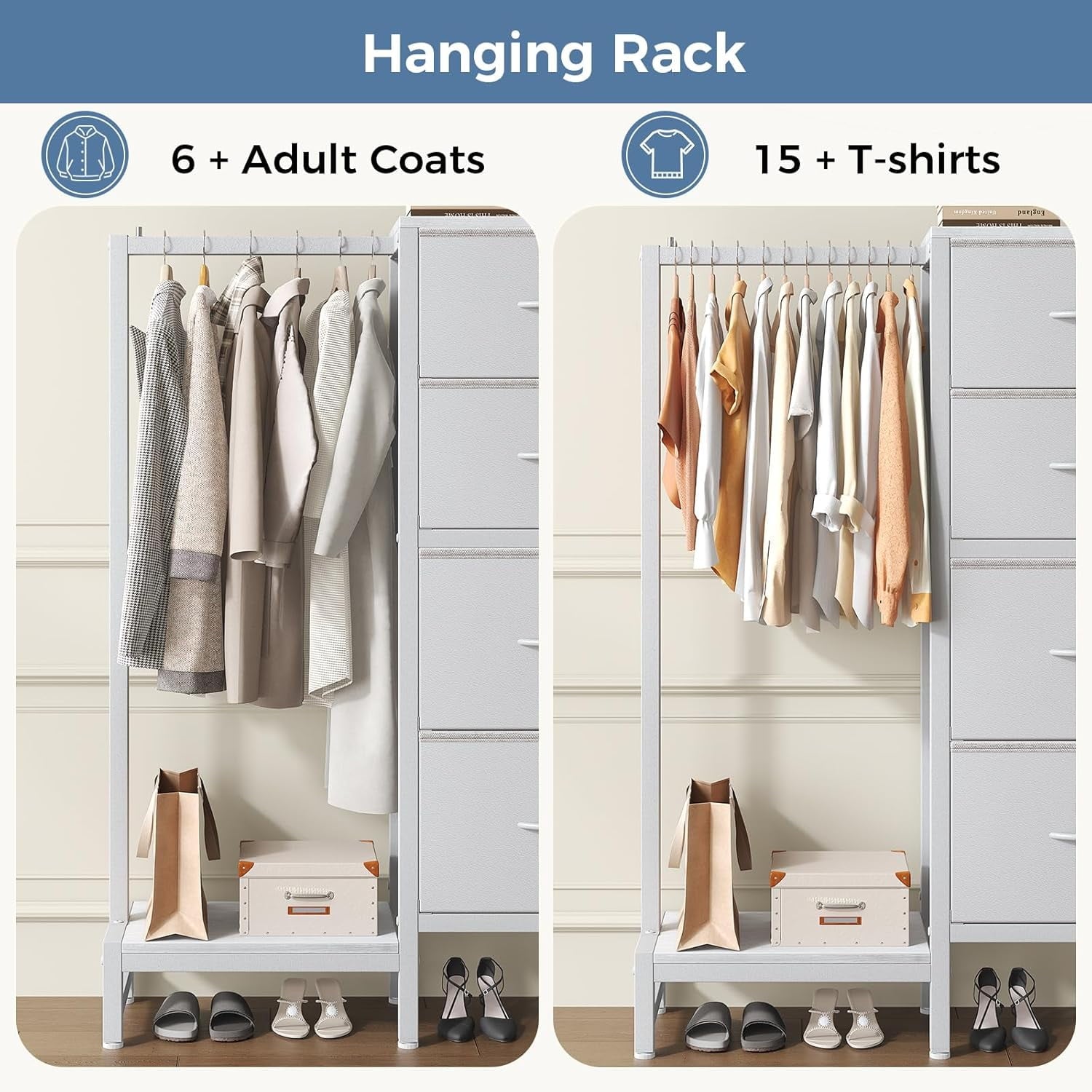 JIOABL 4 Drawer Dresser with Hanging Rack, Steel Frame, Fabric Drawers, Tall Storage Organizer for Bedroom