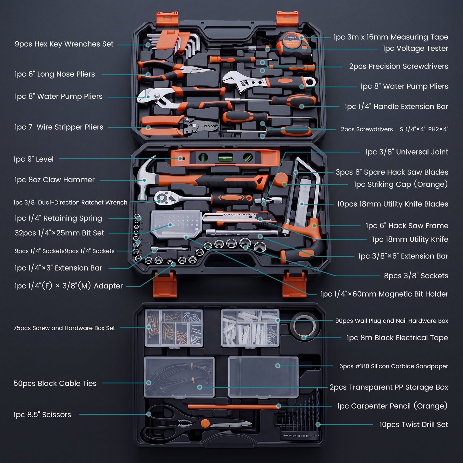 JIOABL 330-Piece Home Repair Tool Kit with Pull-Out Drawer, Carbon Steel Tool Box Set for DIY Projects, Home Maintenance and Auto Repair