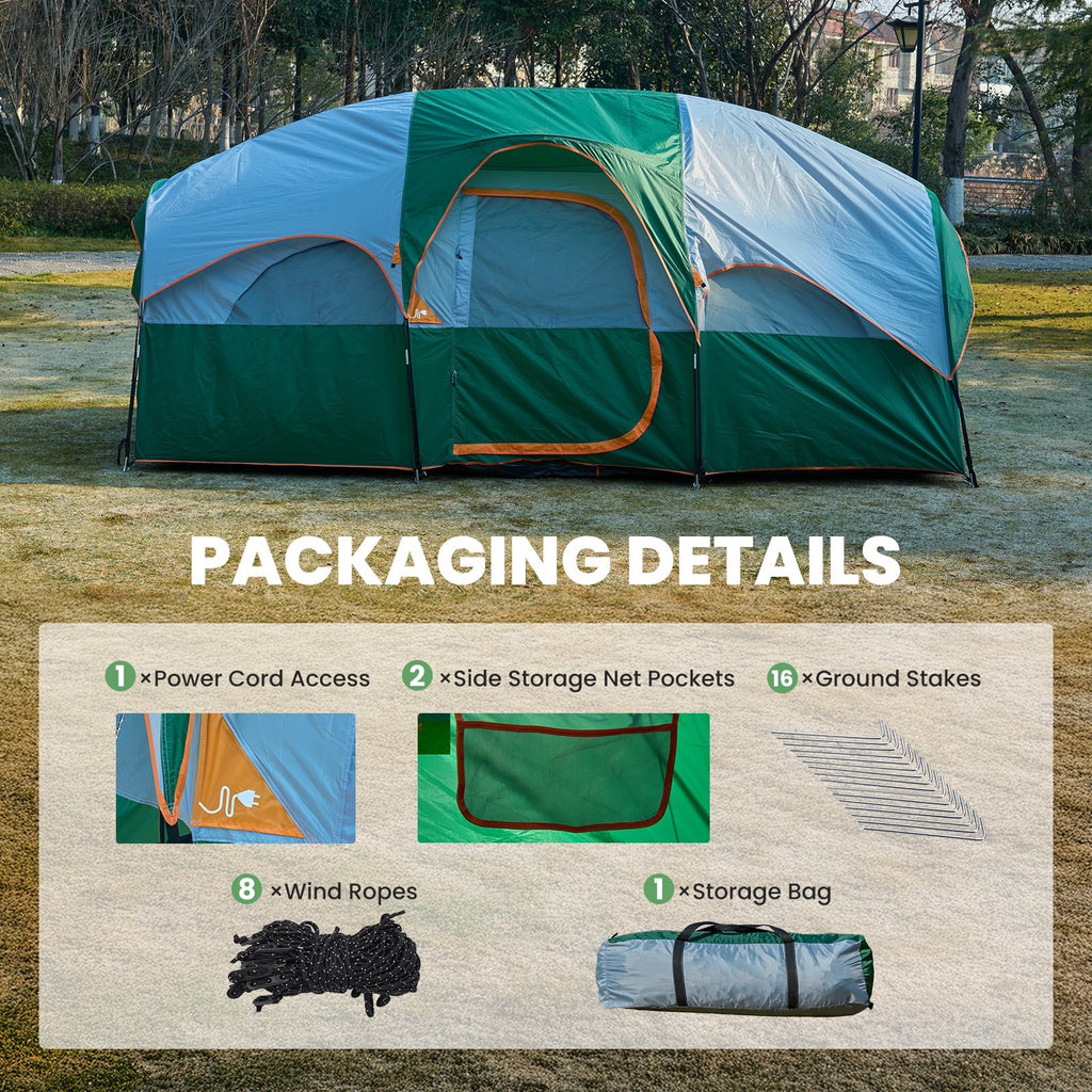 JIOABL 8 Person Camping Tent with Room Divider, Waterproof Polyester, Easy Setup, Portable with Carry Bag, Stakes & Ropes for Outdoor Camping