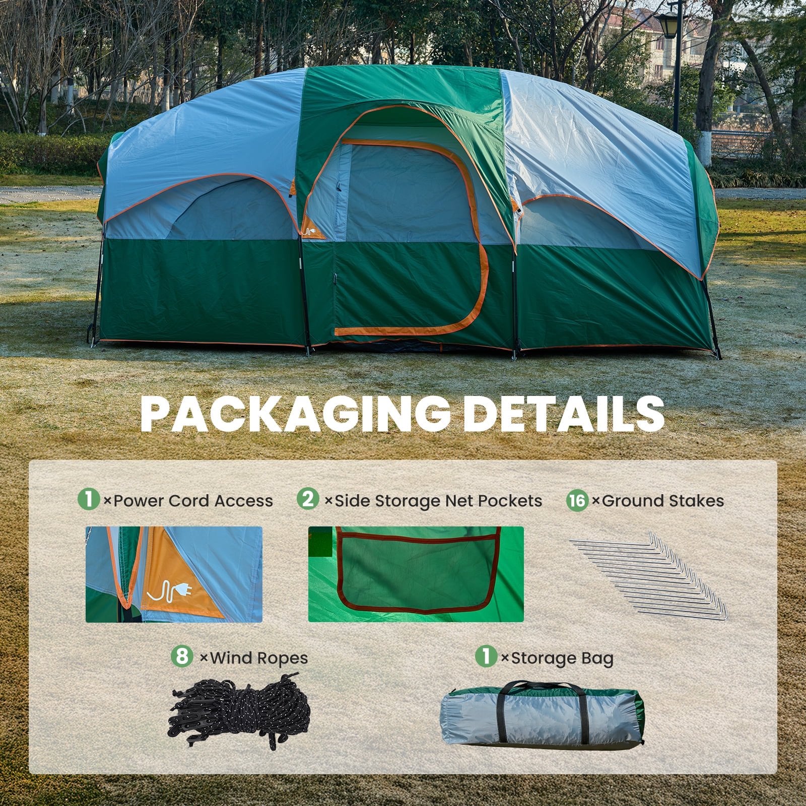 JIOABL 8 Person Camping Tent with Room Divider, Waterproof Polyester, Easy Setup, Portable with Carry Bag, Stakes & Ropes for Outdoor Camping
