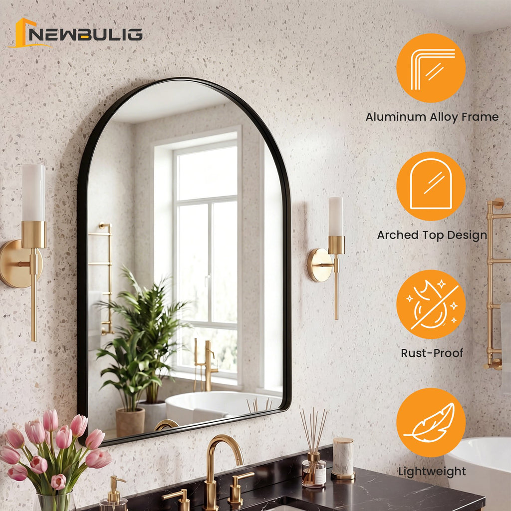 JIOABL Arched-Top Rectangular Wall-Mounted Mirror – Aluminum Frame, HD Tempered Glass, Perfect for Bathroom, Bedroom & Living Room