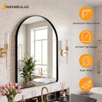 JIOABL Arched-Top Rectangular Wall-Mounted Mirror – Aluminum Frame, HD Tempered Glass, Perfect for Bathroom, Bedroom & Living Room