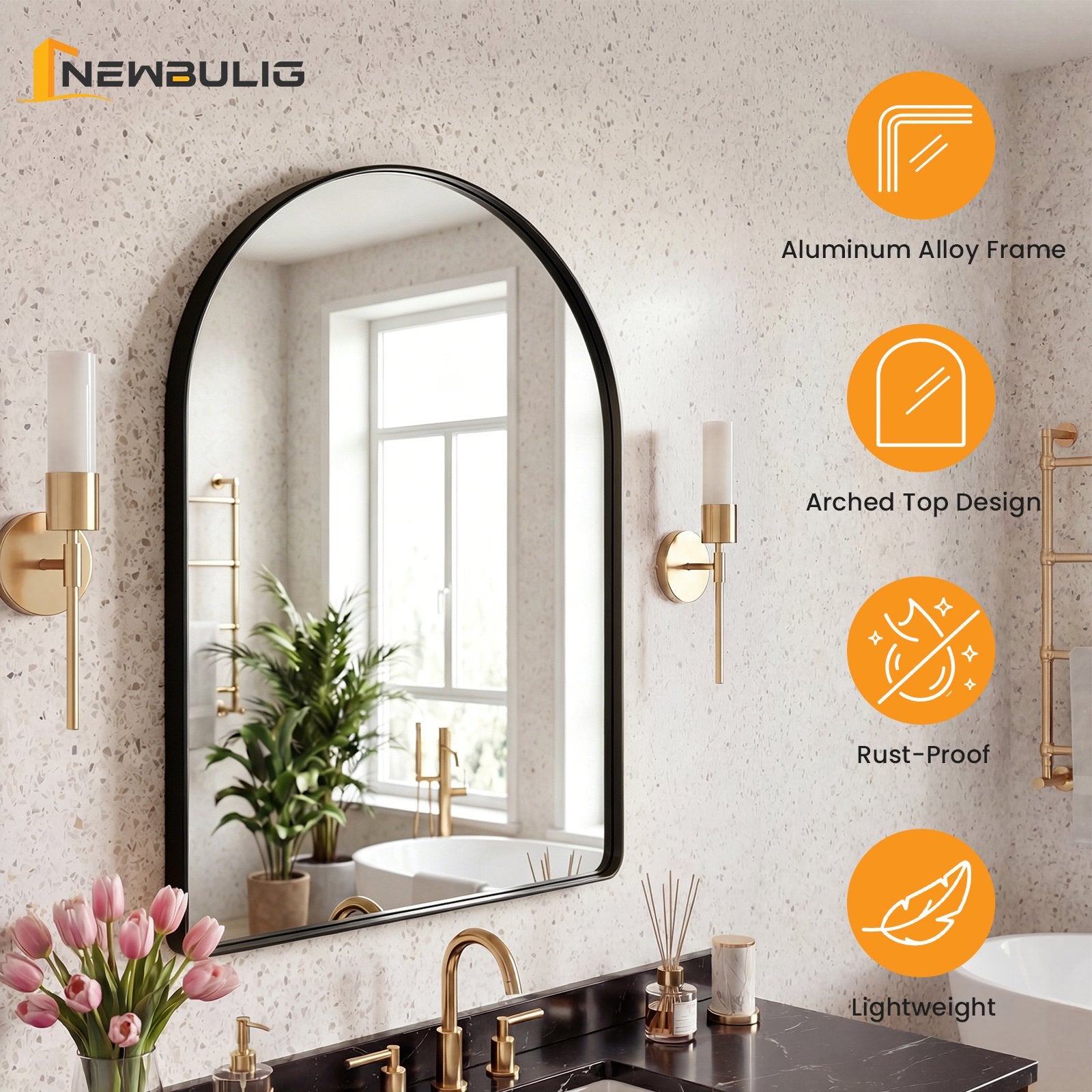 JIOABL Arched-Top Rectangular Wall-Mounted Mirror – Aluminum Frame, HD Tempered Glass, Perfect for Bathroom, Bedroom & Living Room
