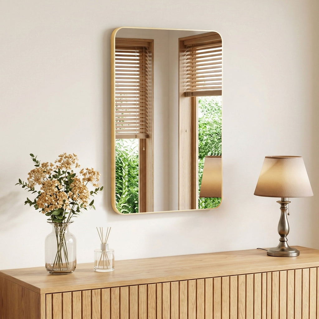 JIOABL Square with Rounded Corners Bathroom Mirror, Aluminum Wall-Mounted Tempered Glass Mirror - Perfect for Bathroom, Bedroom & Living Room