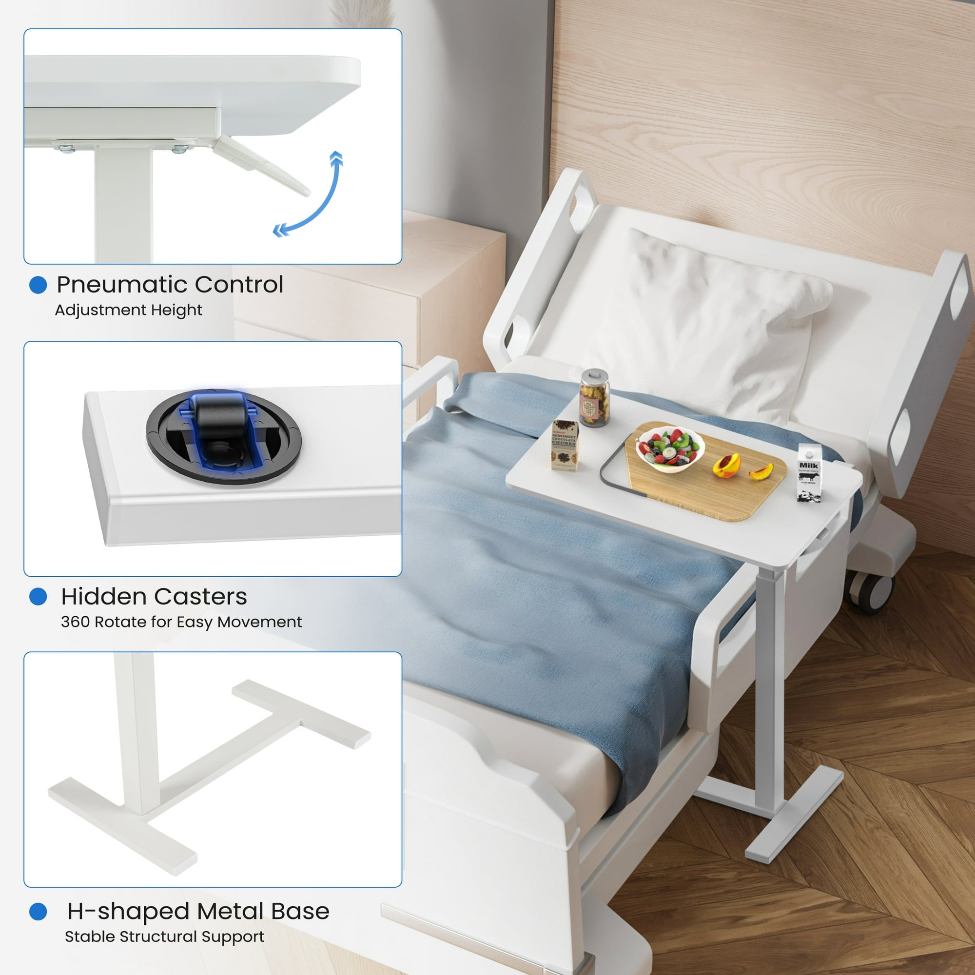 JIOABL Adjustable Overbed Bedside Table with Hidden Wheels for Hospital