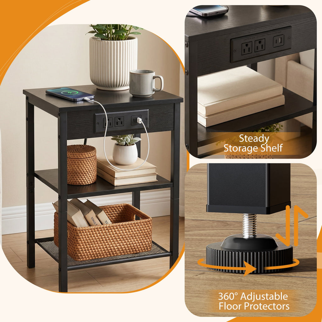 JIOABL 3-Tier Side Table with USB & AC Charging Station, Adjustable Shelves, Multi-Use for Living Room & Bedroom