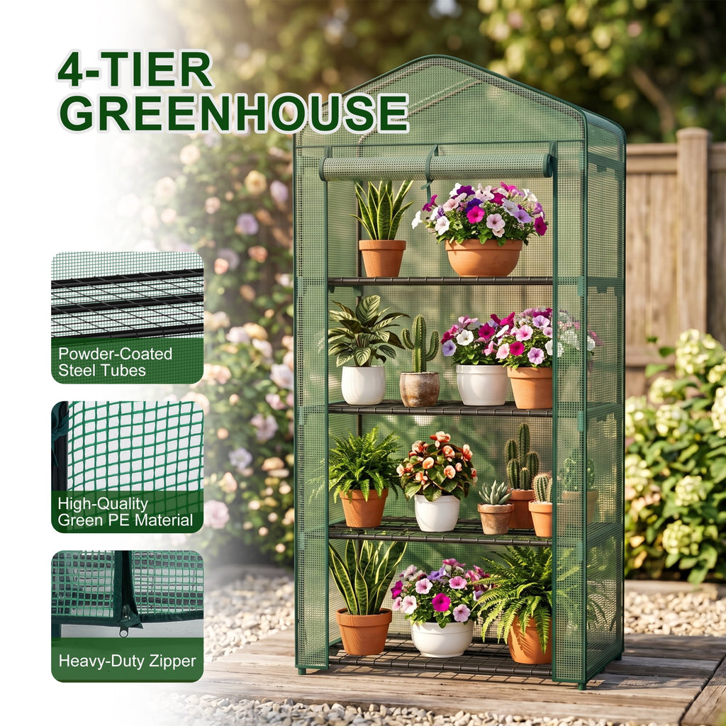 JIOABL 4-Tier Mini Greenhouse with PE Cover, Portable Plant Grow House with Zipper Door & Steel Frame for Indoor Outdoor Garden, Green