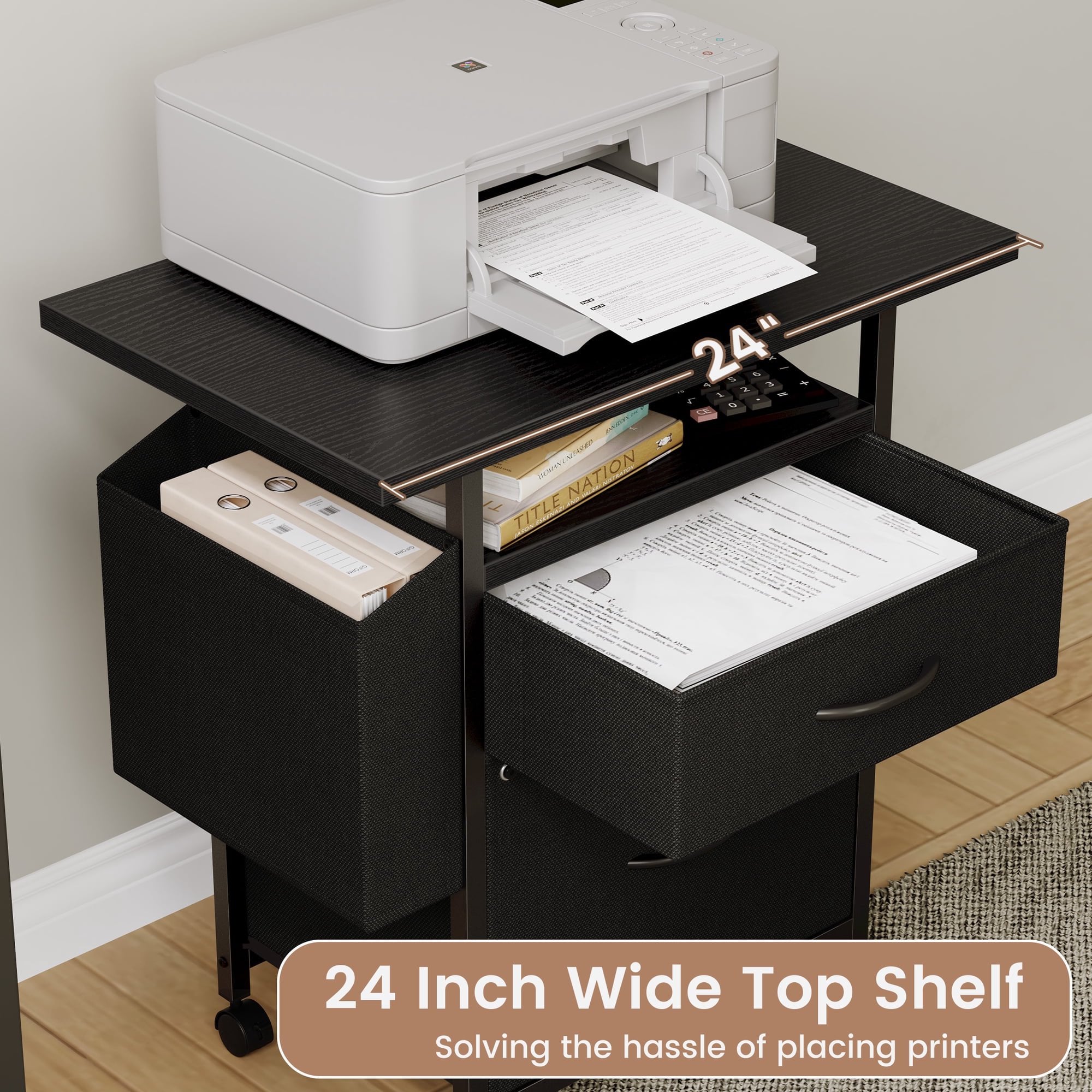 JIOABL Rolling Printer Stand with 2 Fabric Drawers, Storage Shelf, Side Organizer Bag and Lockable Wheels for Home Office