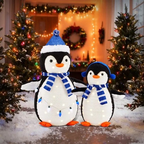 JIOABL 2-Piece Lighted Penguin Family, 4 in Tall Pop-Up Outdoor Christmas Decoration with 150 Multicolored LED Lights, Red