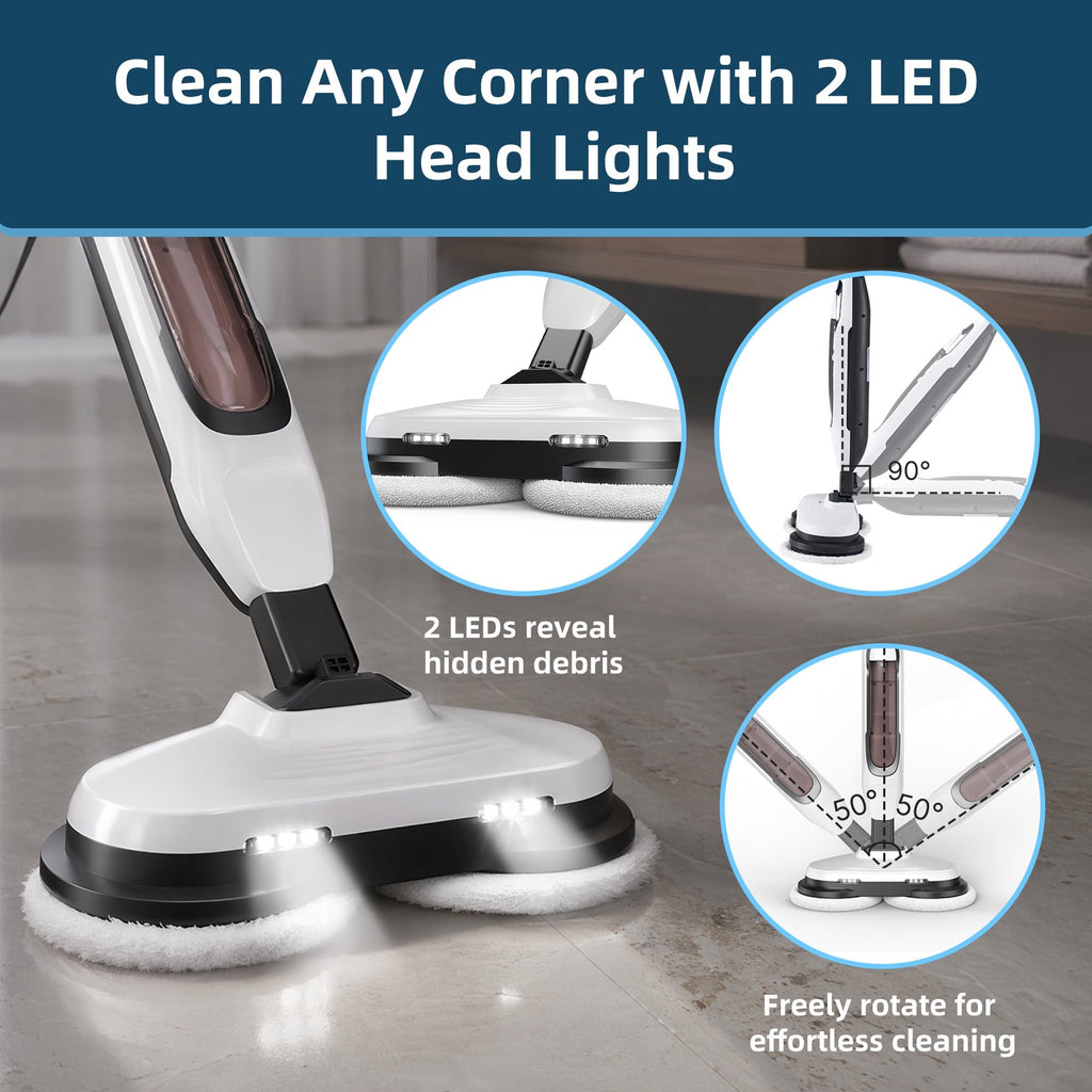 JIOABL Scrubbing Steam Mop with Dual Rotating Pads, LED Headlights and Adjustable Steam Modes for Sealed Hard Floors