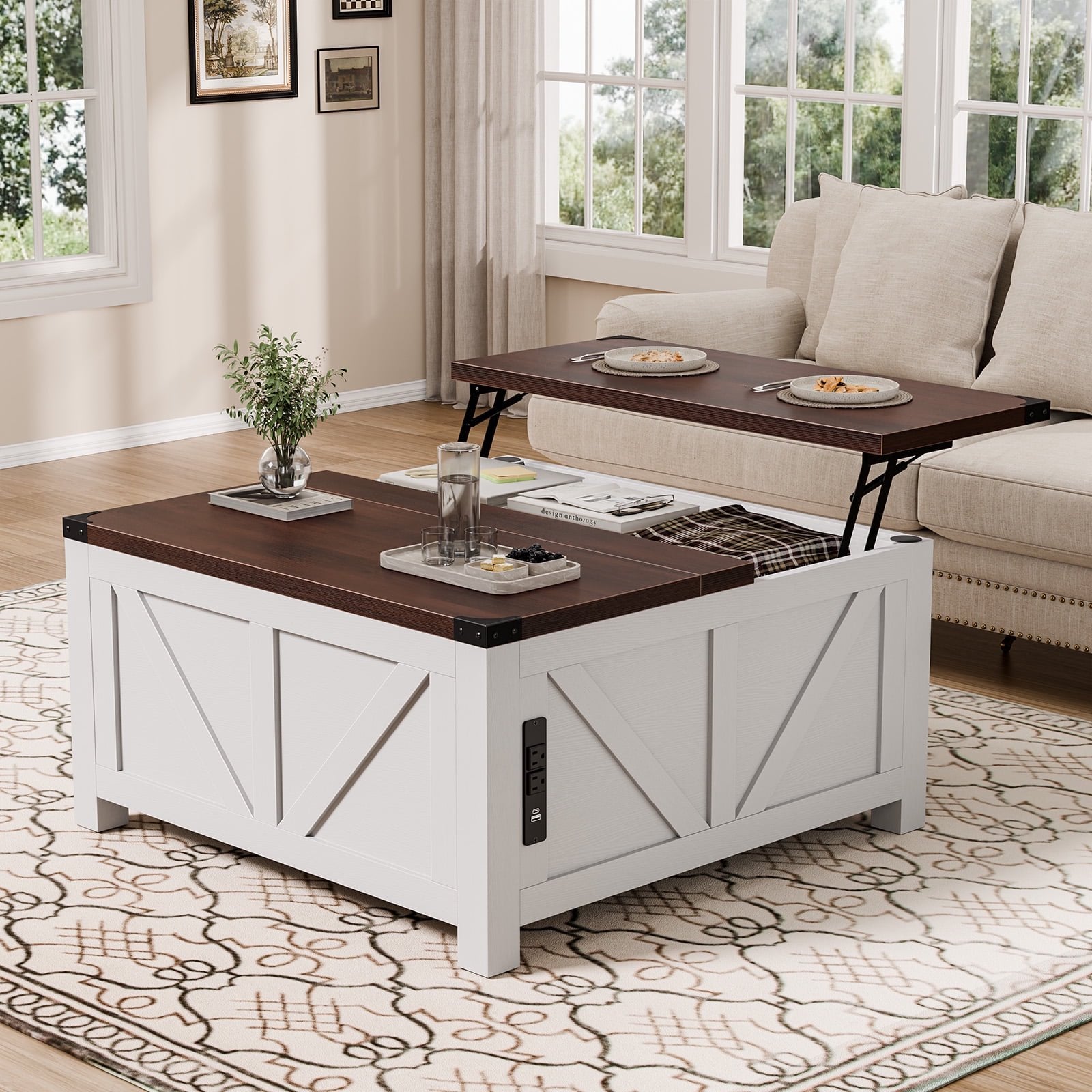 JIOABL Farmhouse Lift Top Coffee Table with Charging Station and Hidden Storage, Square Center Table for Living Room