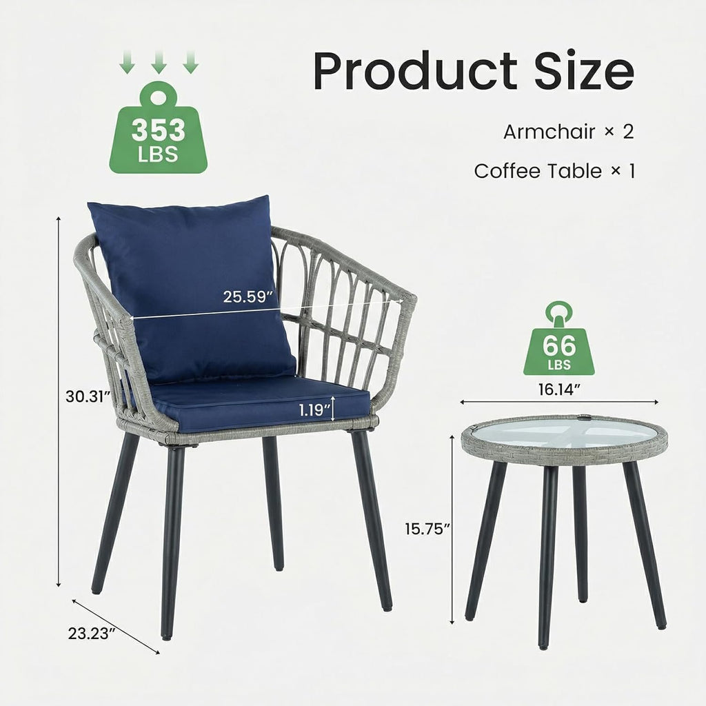 JIOABL Outdoor Bistro Set, Wicker Chairs & Glass Top Table for Patio, Balcony, Porch, Backyard