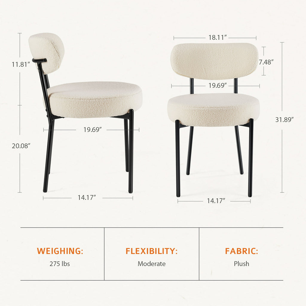 JIOABL Dining Chairs, Boucle Upholstered Kitchen Chairs with Curved Backrest & Metal Legs, Mid Century Modern Round Dining Room Chairs for Vanity, Living Room