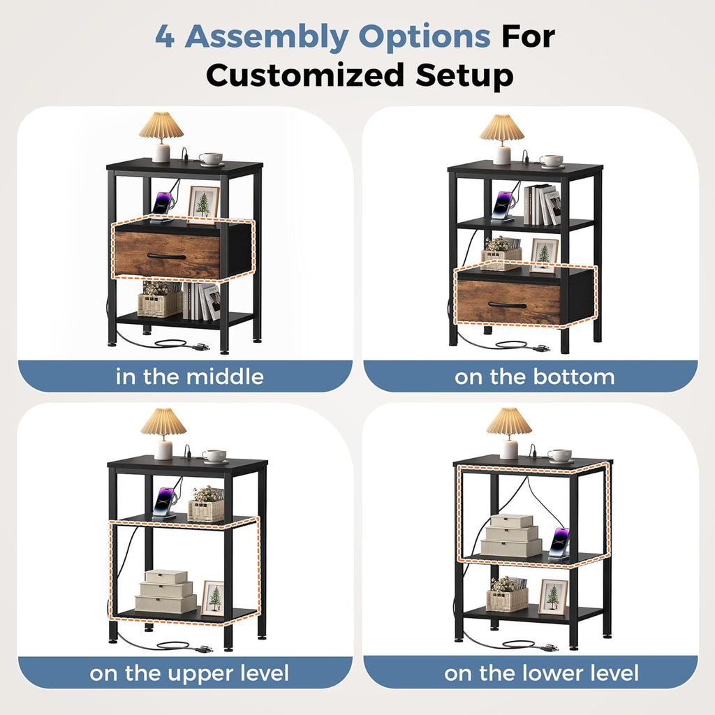 JIOABL Nightstand with USB & Type-C Charging, Fabric Drawers, Metal Frame