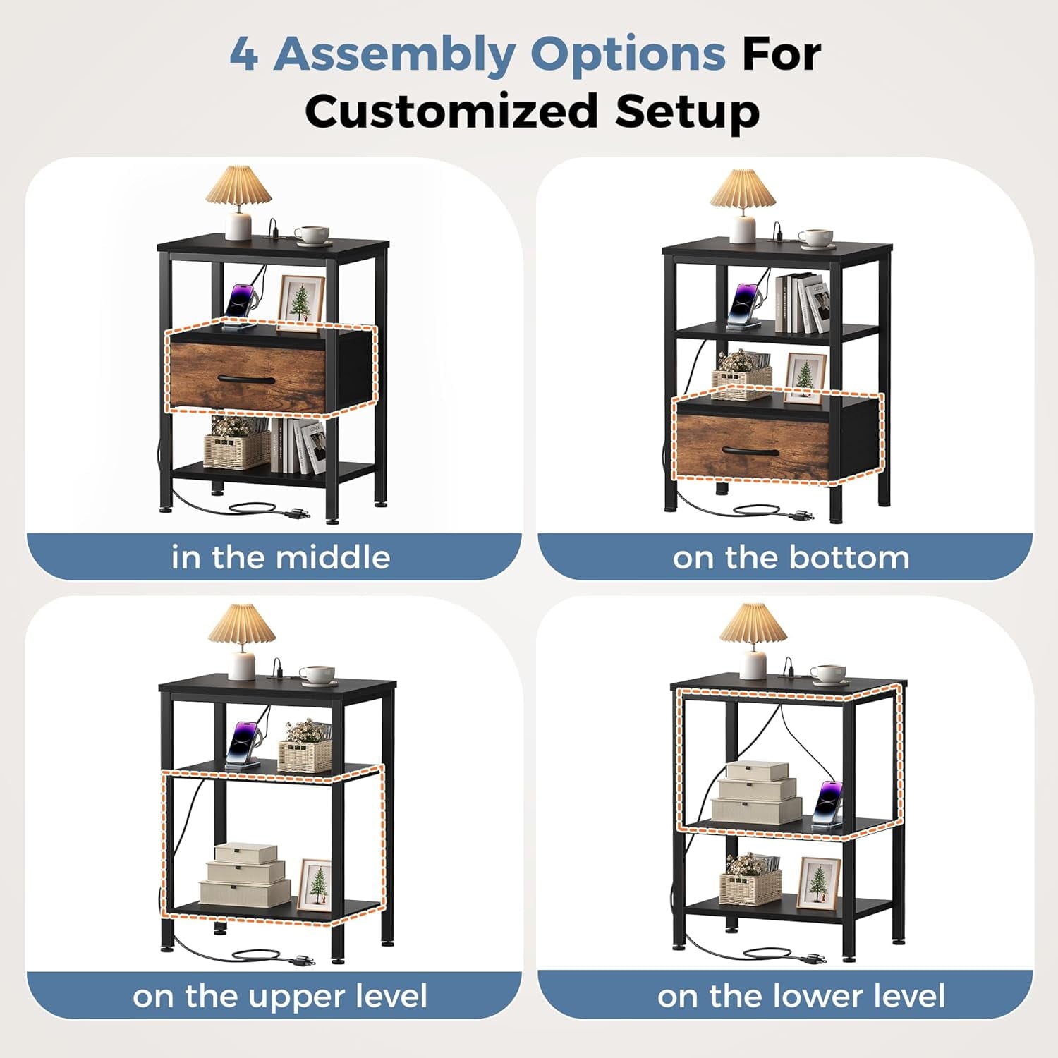 JIOABL Nightstand with USB & Type-C Charging, Fabric Drawers, Metal Frame