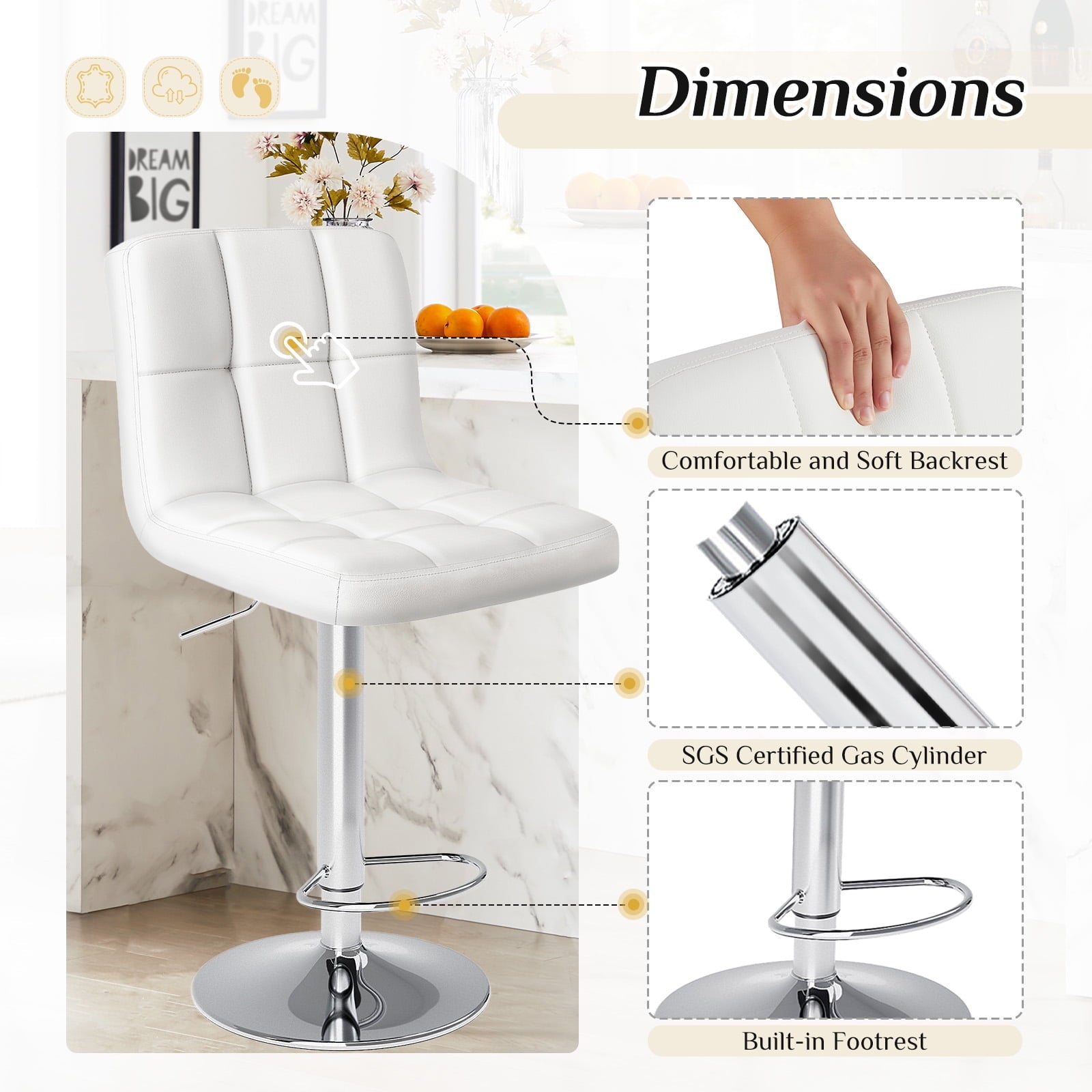 JIOABL Bar Stools, Armless Adjustable Swivel Barstools, PU Leather Hydraulic Kitchen Counter Height Bar Stools, Thickened Seat Cushion Square Island Barstools with Back