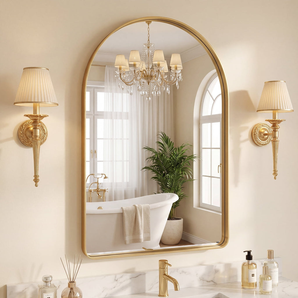 JIOABL Arched-Top Rectangular Wall-Mounted Mirror – Aluminum Frame, HD Tempered Glass, Perfect for Bathroom, Bedroom & Living Room