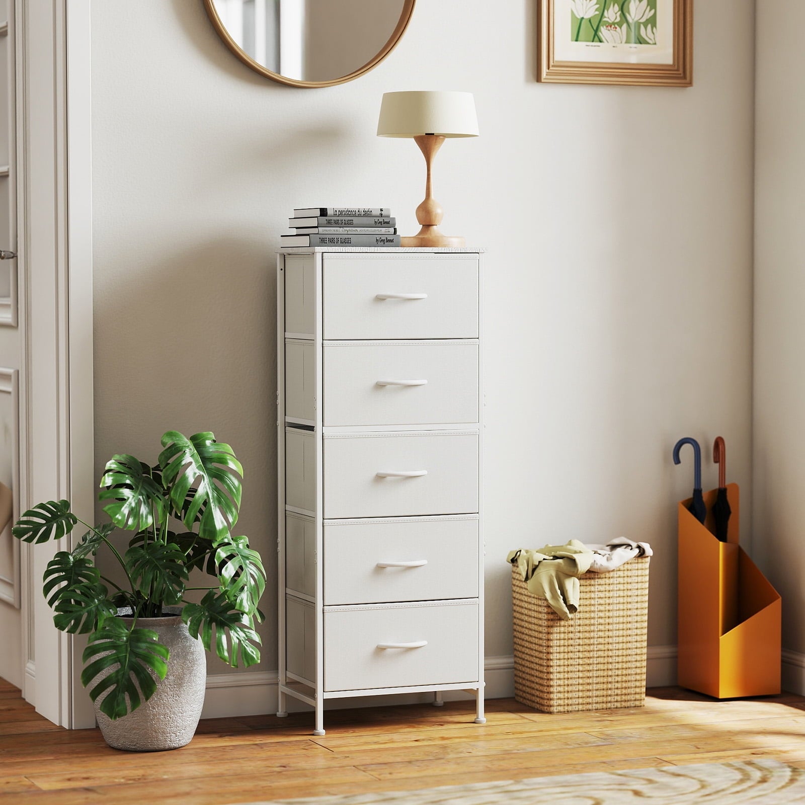 JIOABL 5-Drawer Fabric Dresser with Metal Frame and Wooden Top TV Stand - Perfect for Clothes, Living Room, Hallway, Entryway