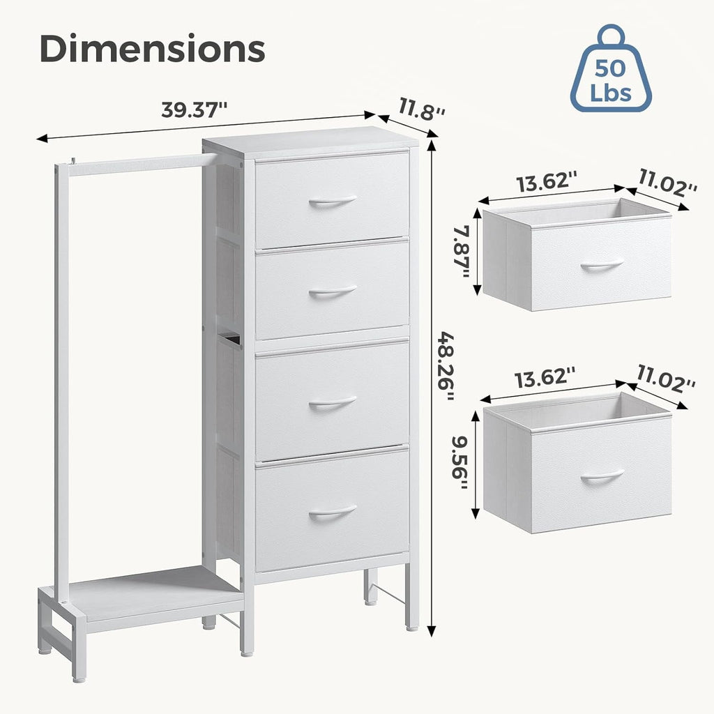JIOABL 4 Drawer Dresser with Hanging Rack, Steel Frame, Fabric Drawers, Tall Storage Organizer for Bedroom