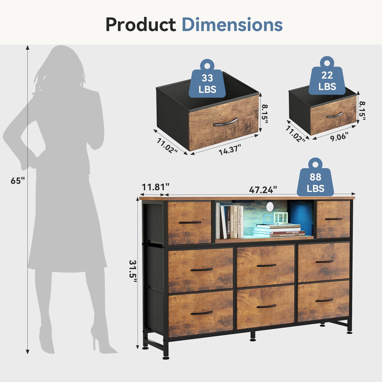 JIOABL TV Stand with  Fabric Drawers & Power Outlet, LED TV Console with USB & Type-C, Storage Dresser for Living Room