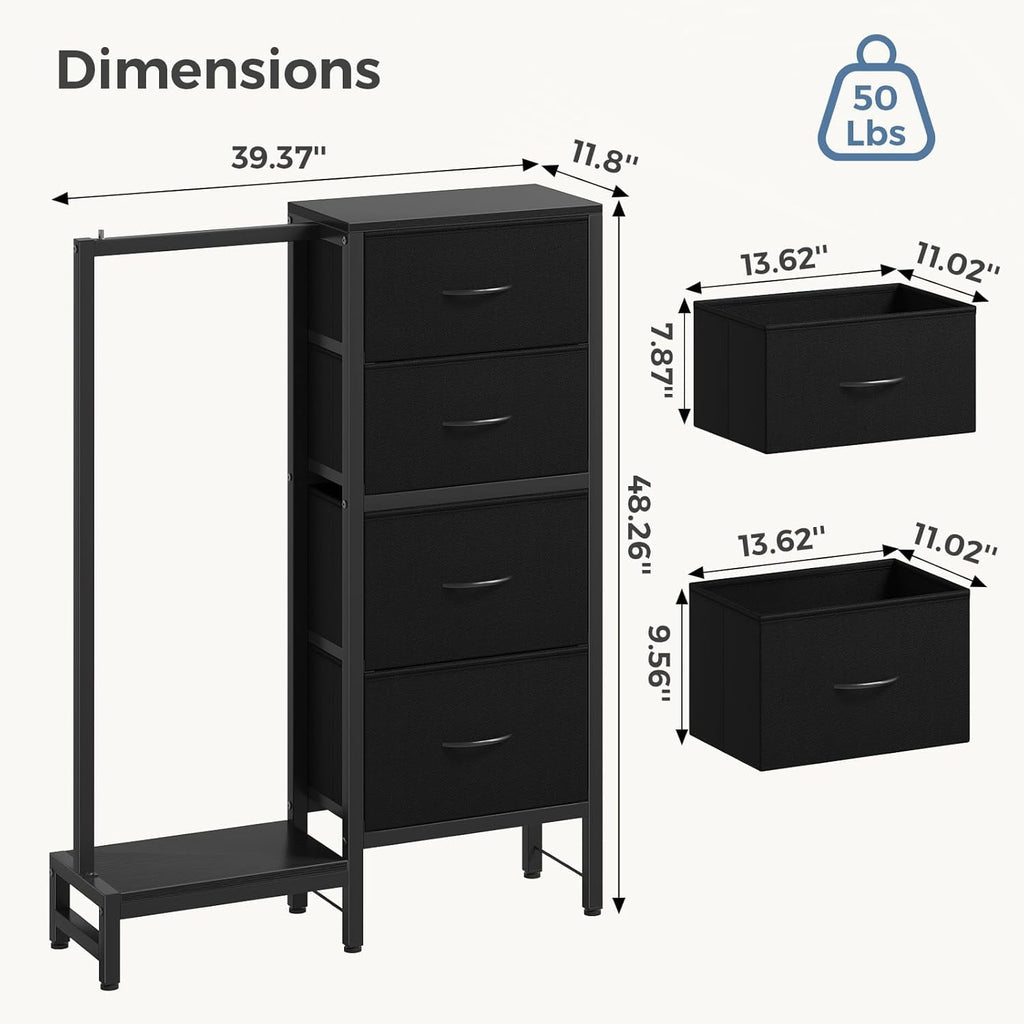 JIOABL 4 Drawer Dresser with Hanging Rack, Steel Frame, Fabric Drawers, Tall Storage Organizer for Bedroom