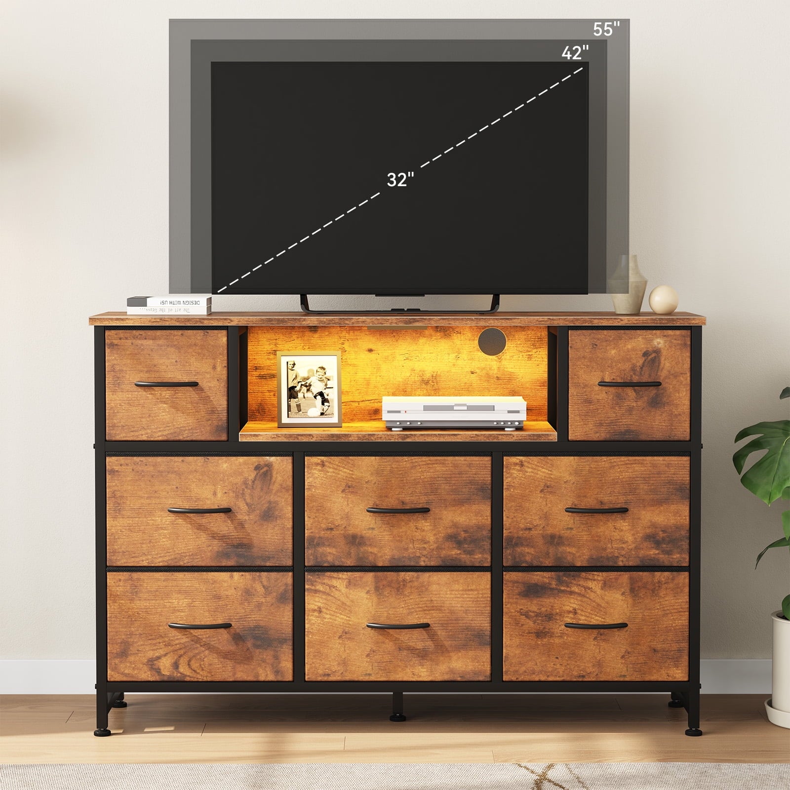 JIOABL TV Stand with  Fabric Drawers & Power Outlet, LED TV Console with USB & Type-C, Storage Dresser for Living Room
