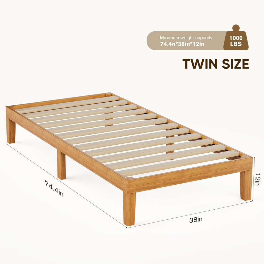 JIOABL Wood Bed Frame, 12in Wooden Platform Bed Frame with Support Slats, No Spring Needed, Storage Space Under Base, Natural Pine
