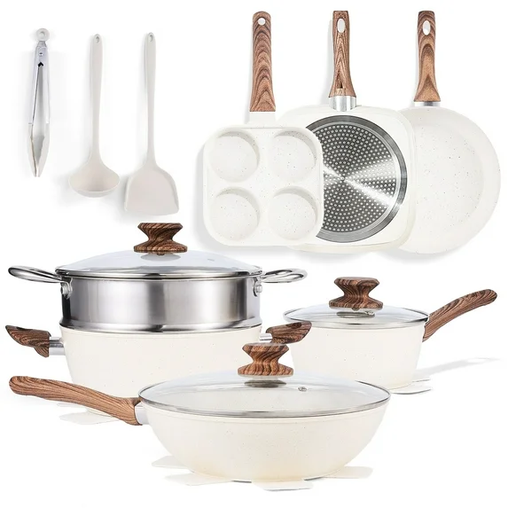 JIOABL 12 Pcs Non-Stick Cookware Set, Complete with Pots and Pans Featuring Detachable Handles, Beige
