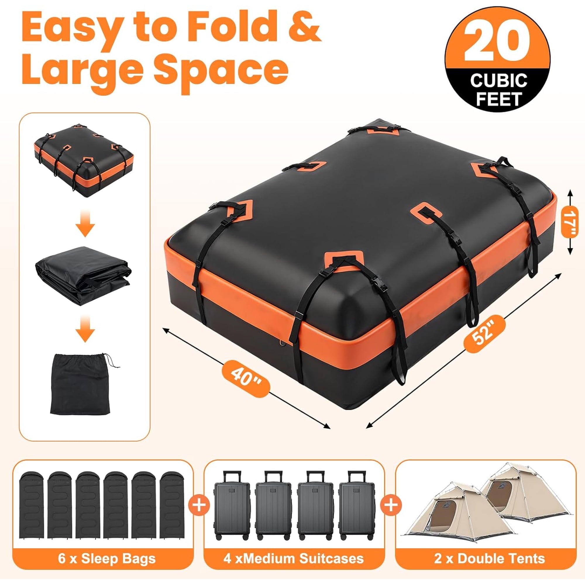 JIOABL Waterproof Car Roof Bag, 15 Cu Ft Rooftop Cargo Carrier with 6 Safety Hooks, Anti-Slip Mat, Lock, and Storage Bag for Cars & SUVs